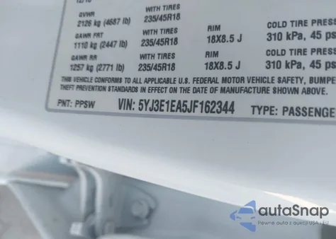 2018 Tesla Model 3 Long Range/Mid Range z USA, uszkodzony, nr VIN 5YJ3E1EA5JF162344